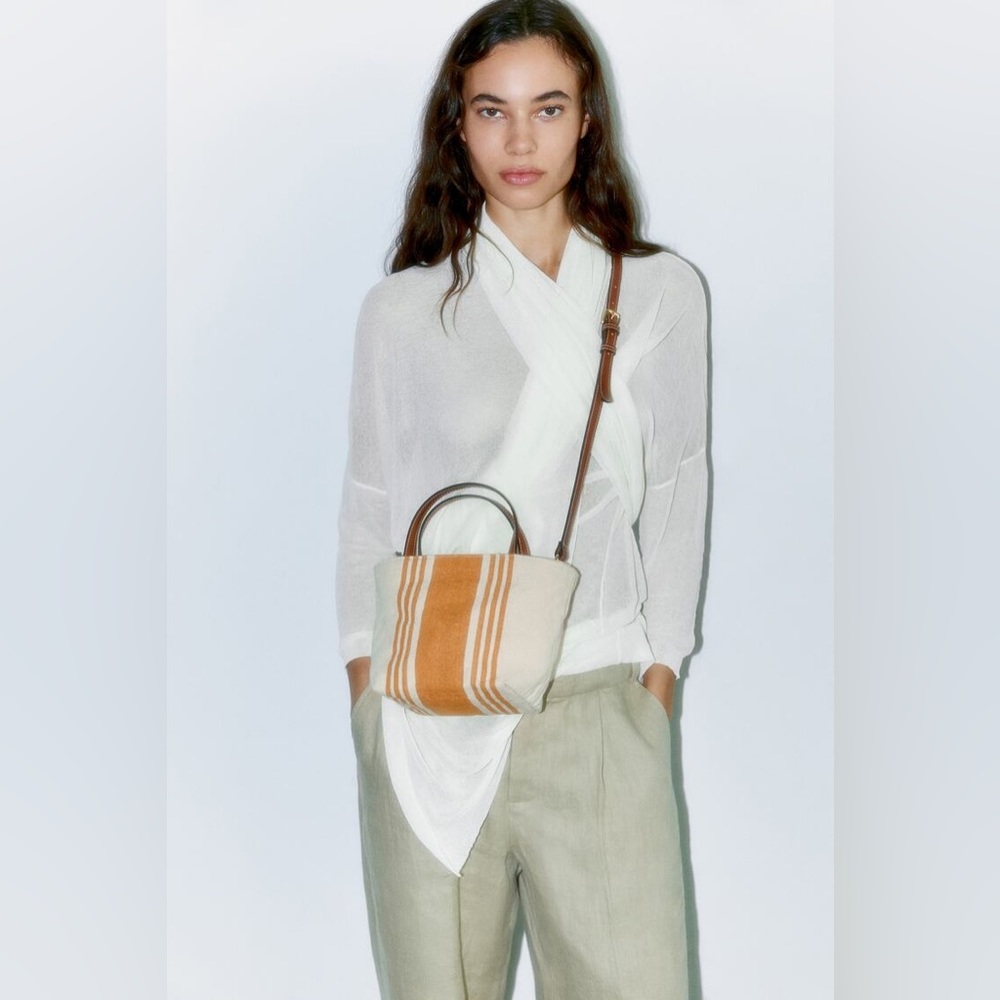 Zara Cream and Tan Striped Mini Tote Bag